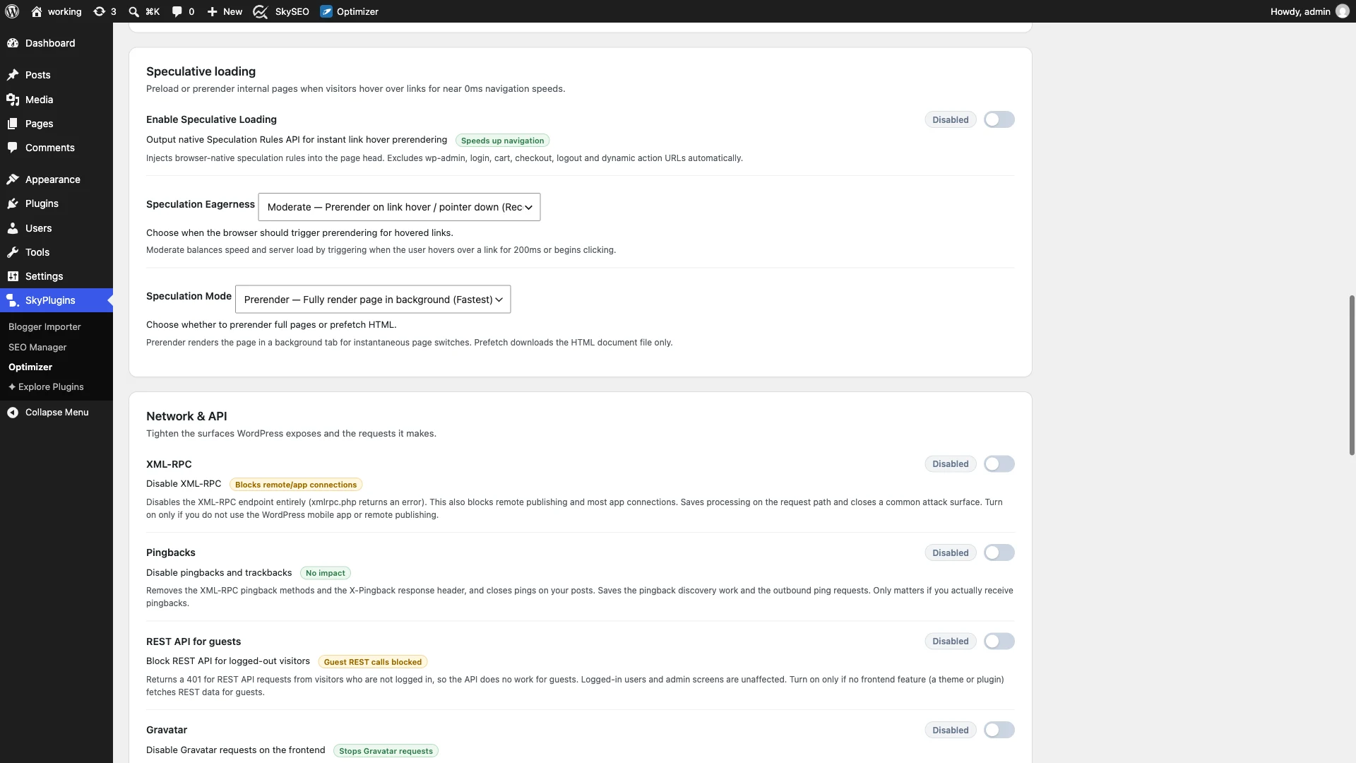Speculative Loading and Prerendering configuration in SiteSkyline Optimizer