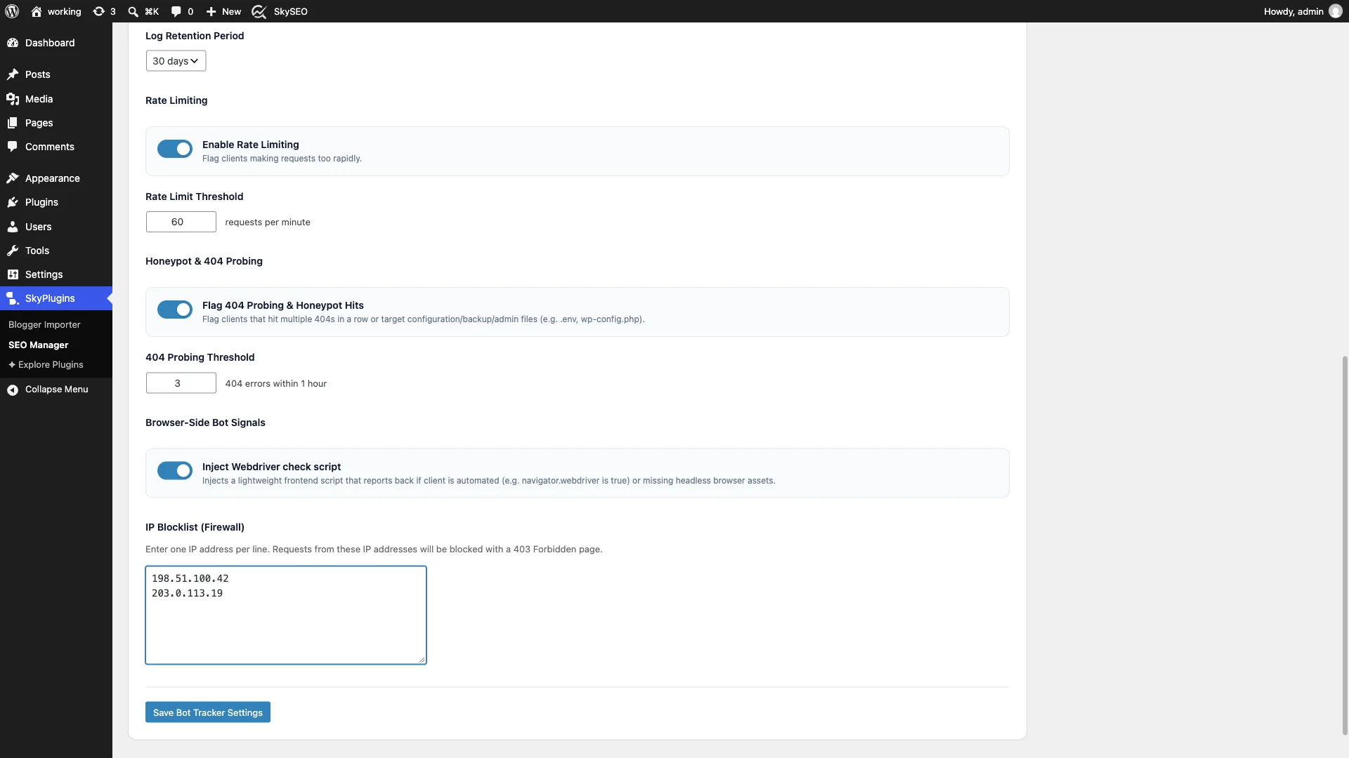 IP Blocklist Firewall interface in Sky SEO Manager