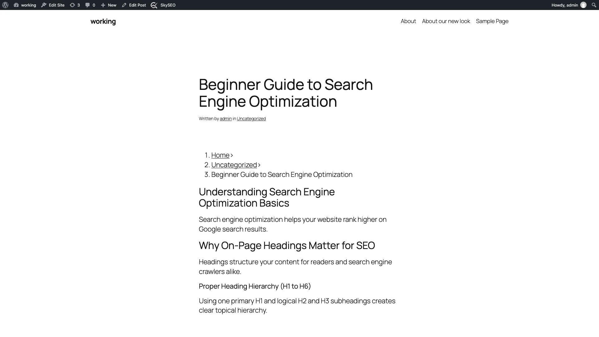 Live breadcrumbs navigation trail rendered on front-end WordPress post