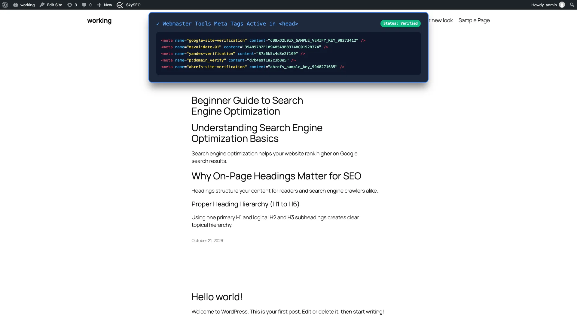 Active verification meta tags detected in live website HTML head