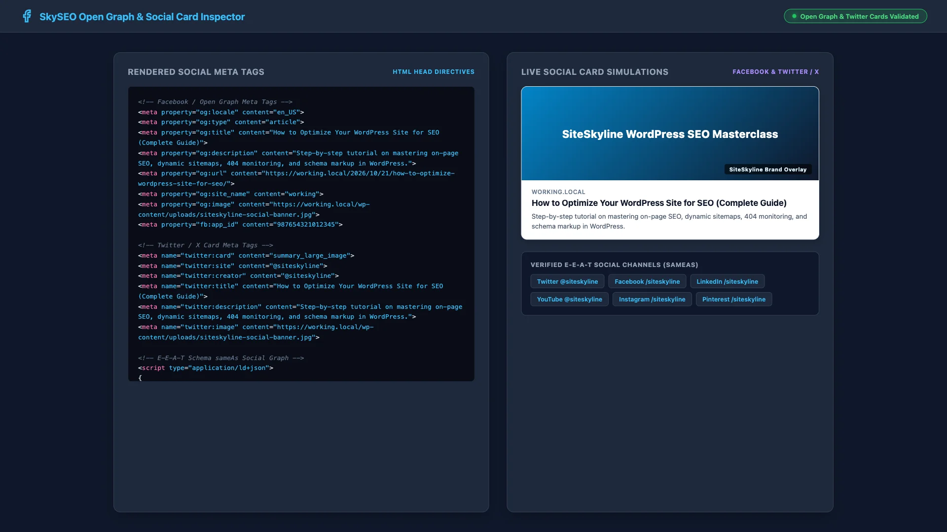 Validating live rendered Open Graph and Twitter Card meta tags in HTML source