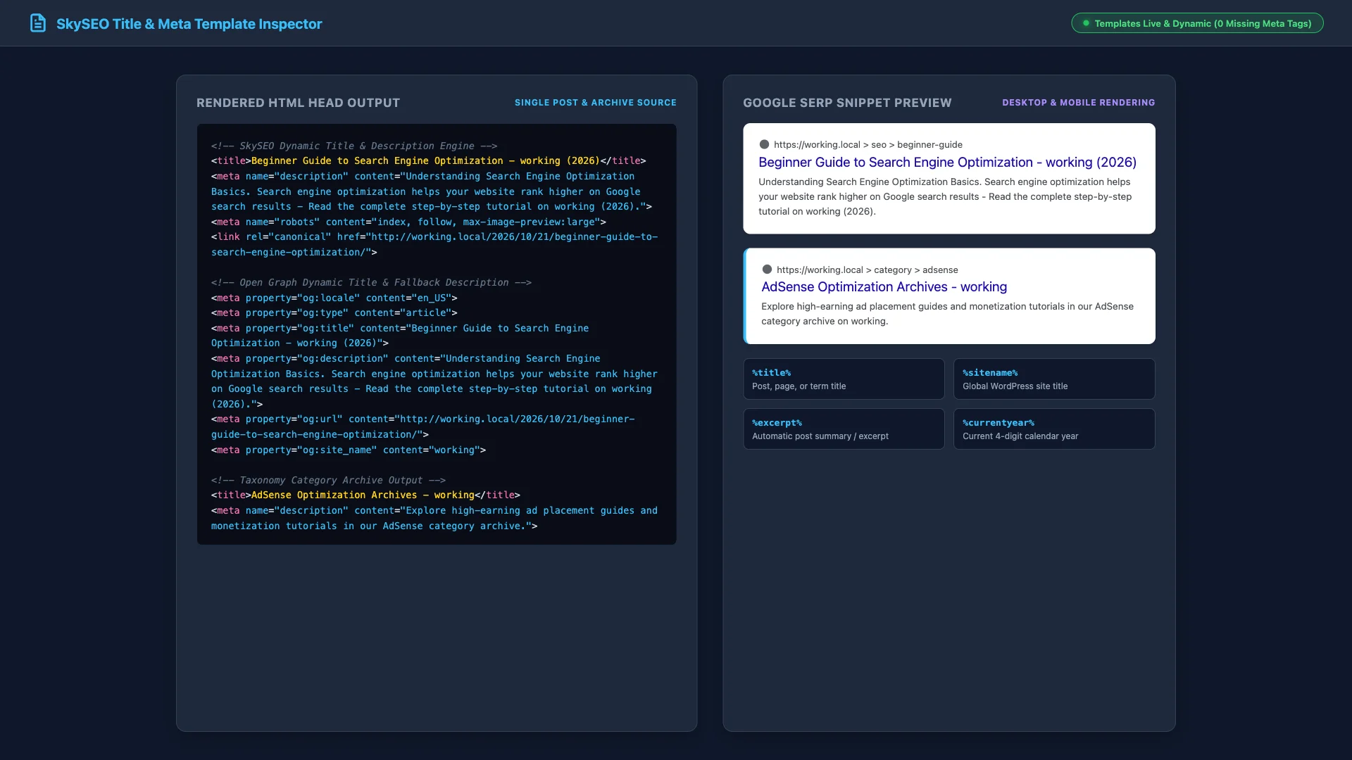 Inspecting live rendered title and meta description tags in website HTML head