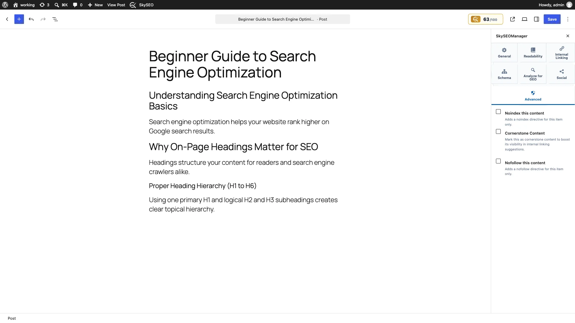 Gutenberg block editor SkySEO sidebar Advanced tab with Noindex this content toggle