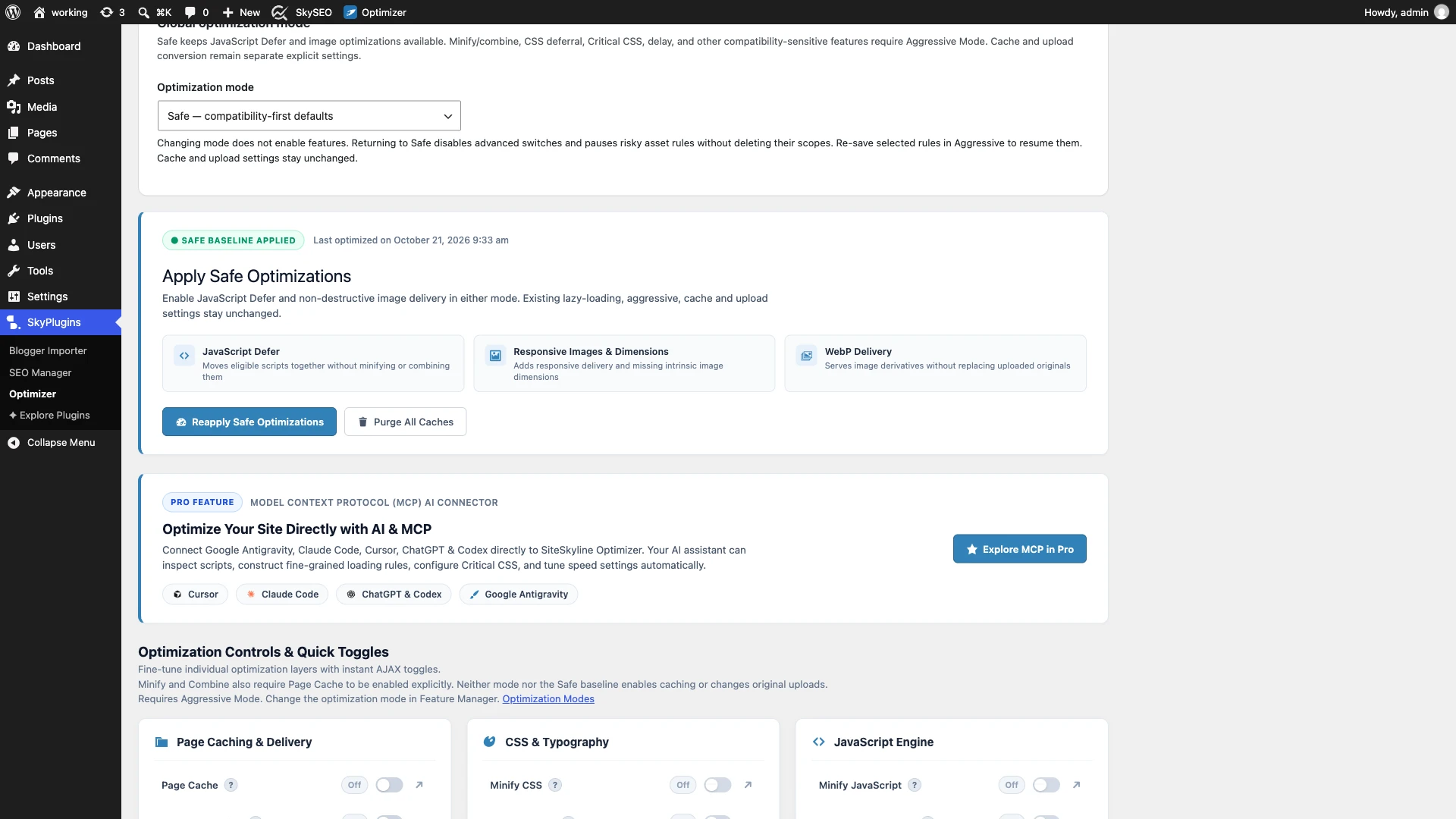 Purging caches and verifying front-end speed gains in SOptimizer